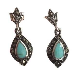 VTG 1" Sterling Silver Turquoise Marcasite Teardrop Drop Earrings 925 Southwest